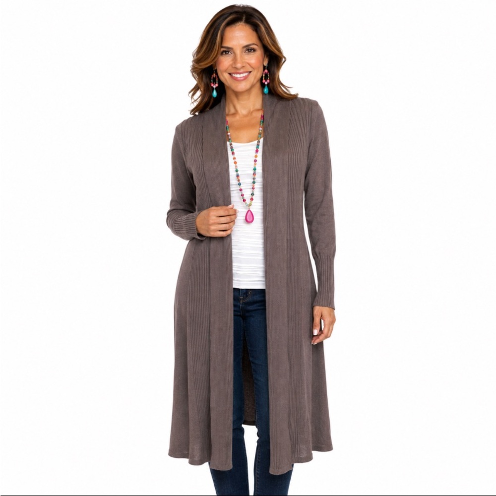 CYNTHIA ROWLEY Taupe Brown Ribbed Longline Open-Front Duster Cardigan Size: M